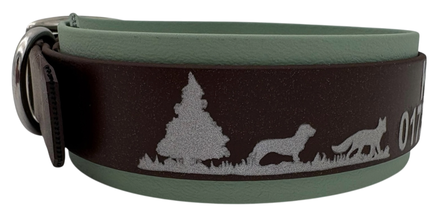 3,8 cm Halsband mit Jagdszene Biothane® zweifarbig Doppelsteg