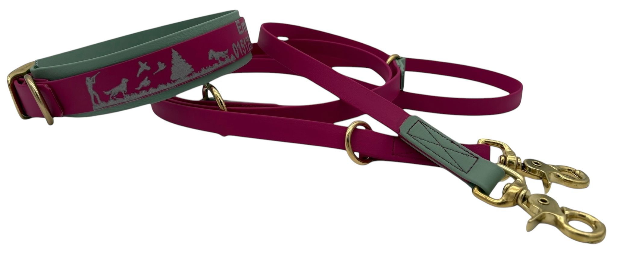 Halsband Biothane Doppelsteg zweifarbig 3,8 cm mit Jagdszene und dazu  passender Leine